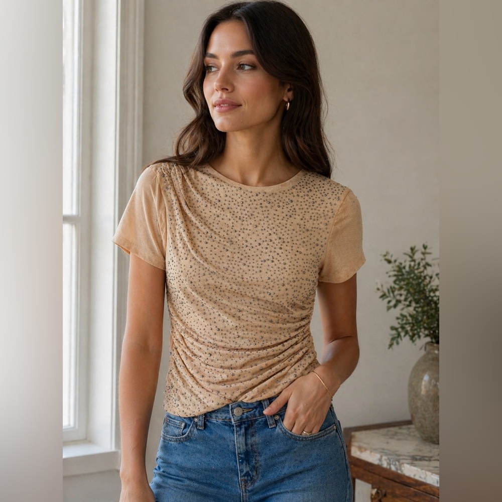 NWOT ASOS Beige Short-Sleeve Ruched Rhinestone Top